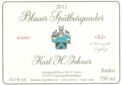 ** NY VIN ** 2011 K.H. Johner - Blauer Spätburgunder "SJ" Oberrotweiler Eichberg ** NY VIN ** 2011 K.H. Johner - Blauer Spätburgunder "SJ" Oberrotweiler Eichberg